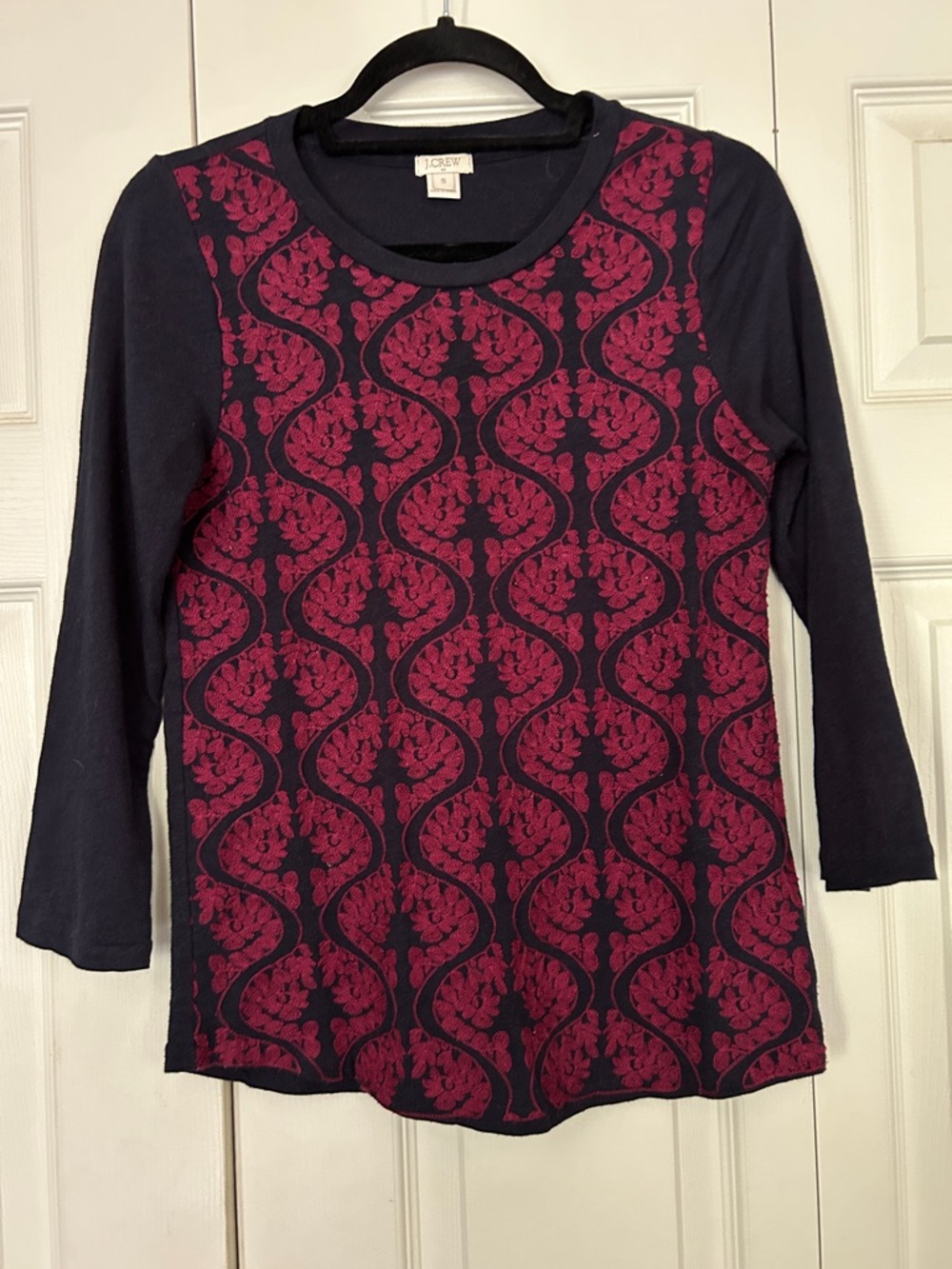 J. CREW Small Navy Blue Long Sleeve Top Burgundy Damask Lace Crewneck Cotton